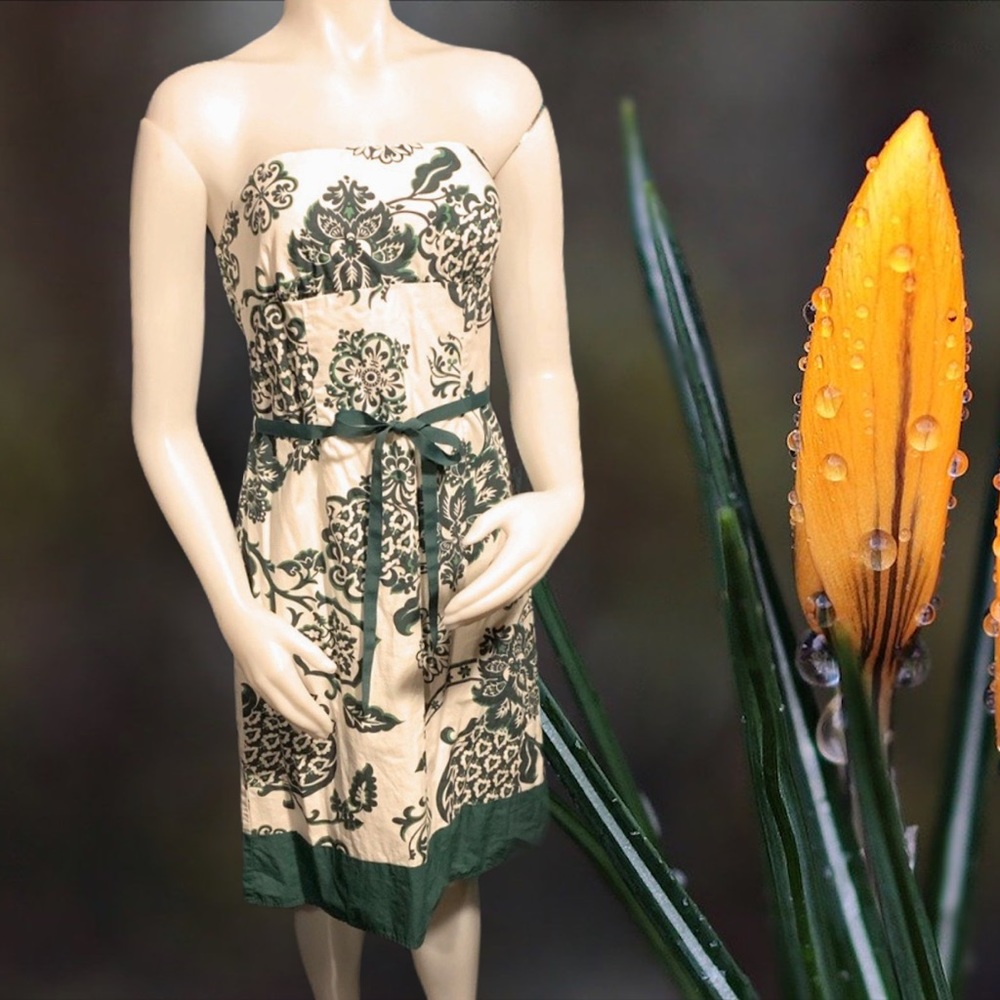 Green & White Floral Strapless Dress